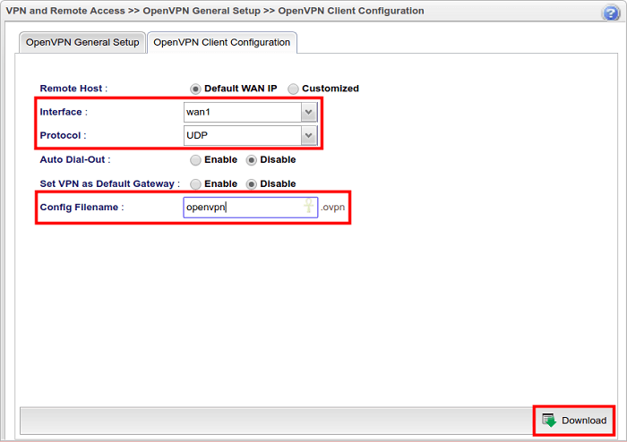 a screenshot of Vigor3900 Open VPN Client Configuration